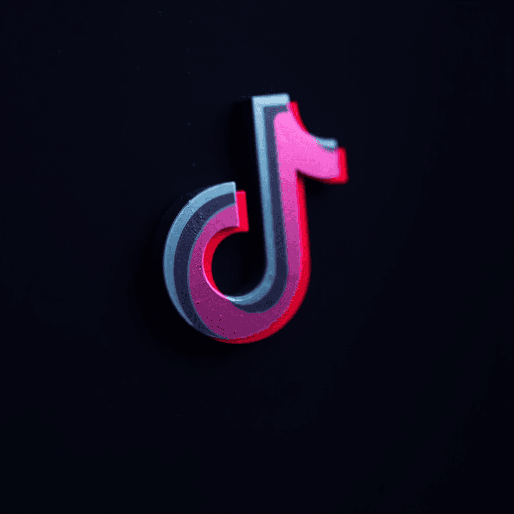 The image displays a 3D rendition of the TikTok logo against a dark background. The logo, primarily black with red and white accents, is shaped like a stylized musical note. It stands out sharply due to its glossy finish and prominent shadows, emphasizing its three-dimensional structure. The stark contrast between the logo’s vibrant colors and the black background creates a striking visual effect, making the logo appear as if it's illuminated from within.