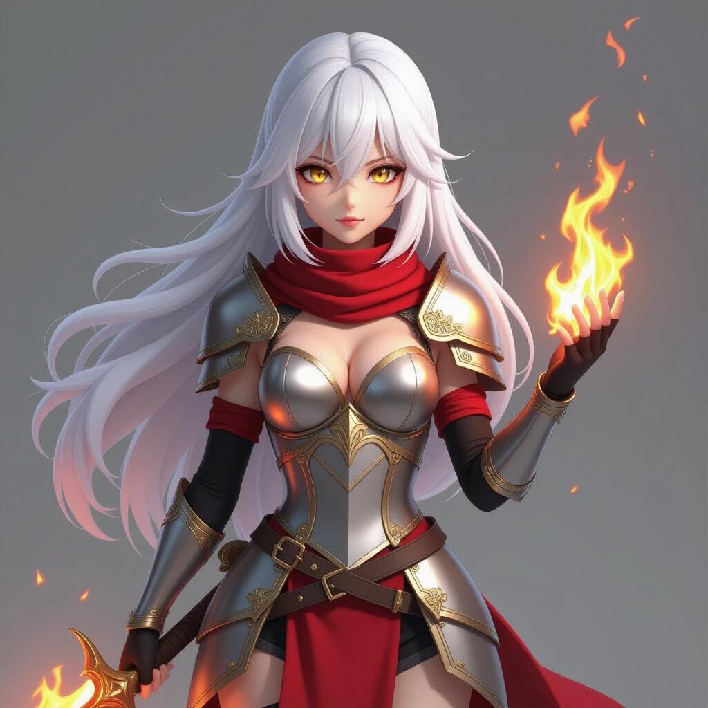 Full-body 3D female anime character. White hair and golden eyes. Wearing a silver breastplate. Holding a flaming sword. Long red cloth wrapped around neck. Feet appearing like the light of fire.