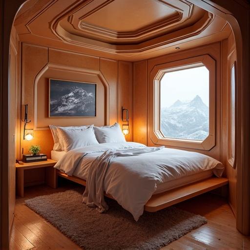 A small bedroom on a nano royal star ship. Cozy space featuring a large bed with white linens. Large window revealing a mountain view. Soft warm lights enhance the ambiance. Earthy tones in decor with wooden elements.
