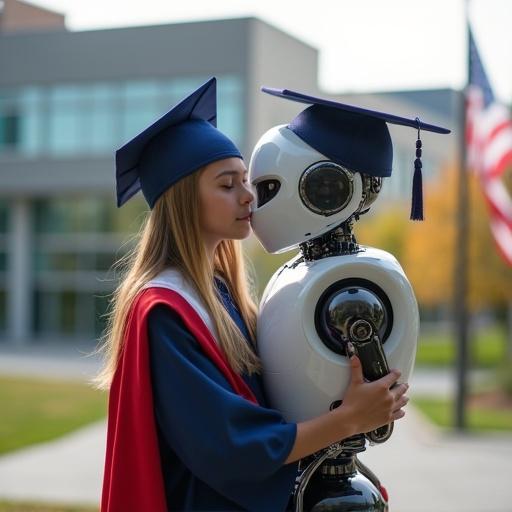 Young student in graduation cap hugs friendly humanoid robot. Background shows US flag and modern university campus. Image has vibrant colors. Mood is inspirational with realistic style and cinematic depth of field.
