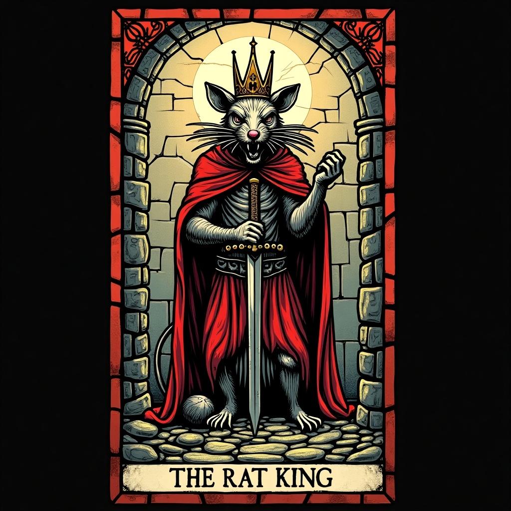 Stained glass tarot card of a giant Rat King. A vicious monster with five heads, wearing a crown and holding a sword. The background suggests an abandoned sewer. The words 'The RAT KING' are illustrated in gothic font at the bottom.