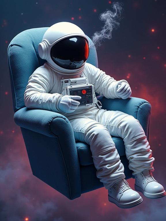 Astronaut in gear lounging in a plush armchair floating in space. The armchair has a moon surface texture. Astronaut holds a retro gaming controller. Smoke curls from the helmet's visor.