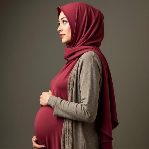 Pregnant woman wearing a maroon hijab and gray cardigan. Woman holding her belly. Shot taken from the side to emphasize the pregnancy. Warm and soft lighting emphasizes features.