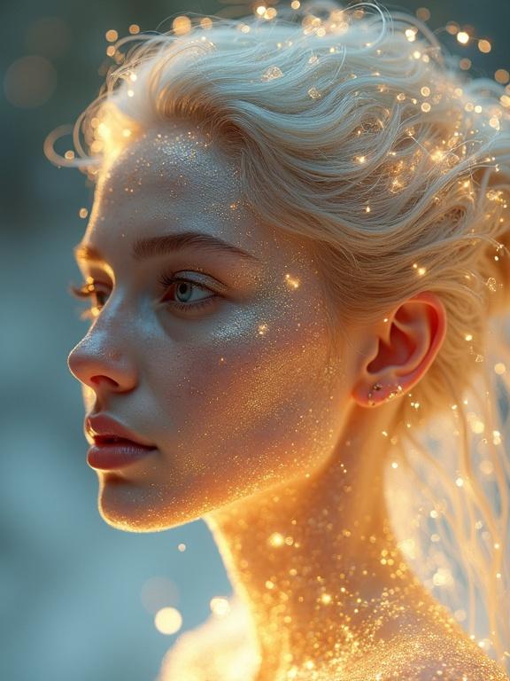 Create a high-quality photorealistic image of an ethereal female figure. She has a unique crystal-like skin with smooth facets reflecting light. Her hair resembles polished liquid metal, flowing dynamically. She is surrounded by tiny glowing particles creating a shimmering aura. The lighting is soft and flattering to enhance her glow and reflections. Use HDR aesthetics to capture bright glows and subtle shadows. Include a simple, out-of-focus background to emphasize her features.