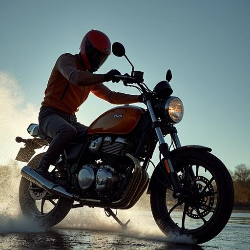 Person on motorcycle riding through water. Strong focus on bike cleaning action with rider in orange gear. Vibrant colors and dynamic motion conveyed through water spray and lighting effects.