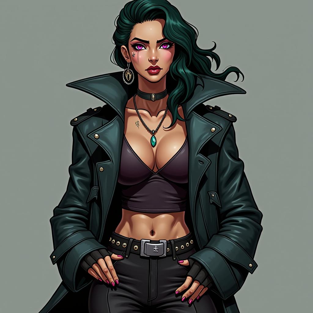 Character named Calysta Veyne. She has a muscular frame and dark green hair. The character wears a leather trench coat, a crop top, and black pants. Accessories include a necklace and fingerless gloves. Dark pink eyes and a serious expression reflect her commanding presence. The design is inspired by the animated style of Arcane.