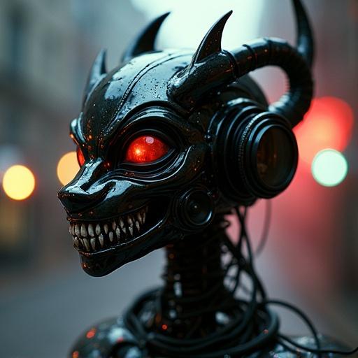 Photo of a futuristic cute gargoyle devil mask. Made of shiny chrome. It features big horns, visible damage, and little fangs. Cables connect from its head into eight speakers. The material is black glossy plastic. The texture is chrome. It has a robotic neck. It reflects the style of HR Giger. The image is biomechanical and futuristic, with a dystopian feel and chromatic aberration. Captured as a macro photo with a 35mm film look.