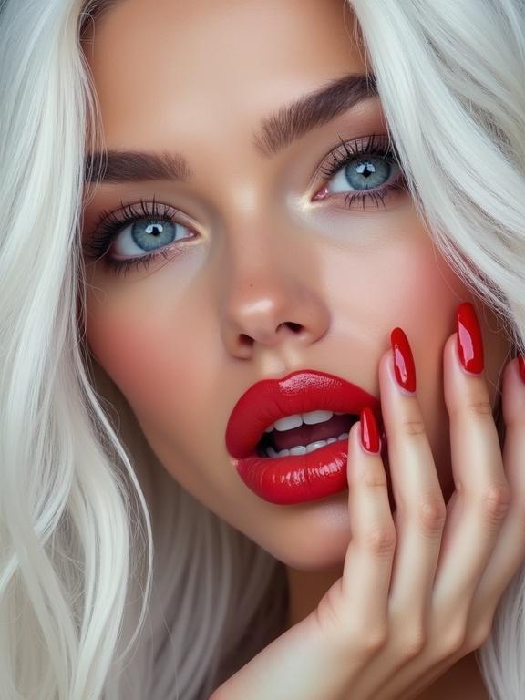 Hyperrealistic image of a beautiful woman with long straight white hair large blue eyes long eyelashes and plump red lips open mouth showing tongue pointing at lips with long red nails looking directly at the observer
