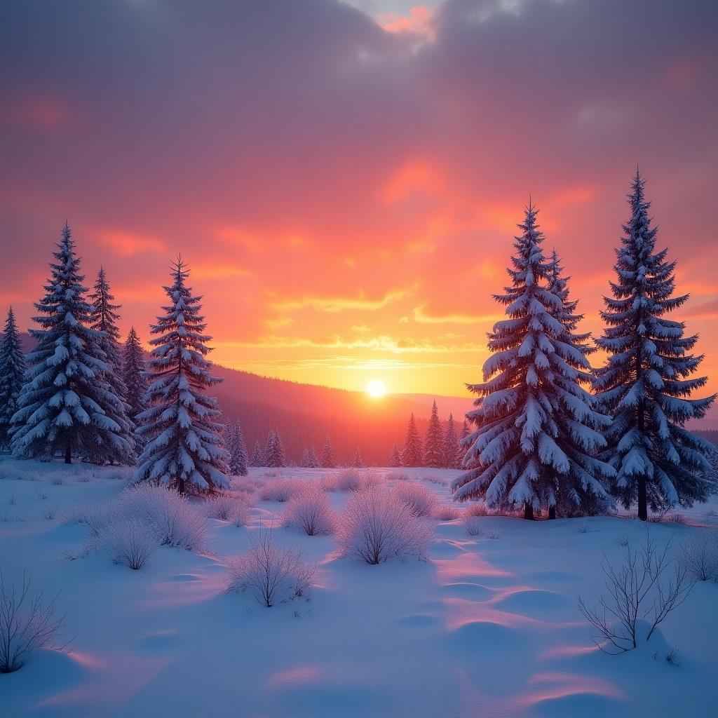 Winter sunrise illuminates a snow-covered landscape. Scattered trees create a picturesque scene. Vivid colors in the sky enhance the natural beauty.