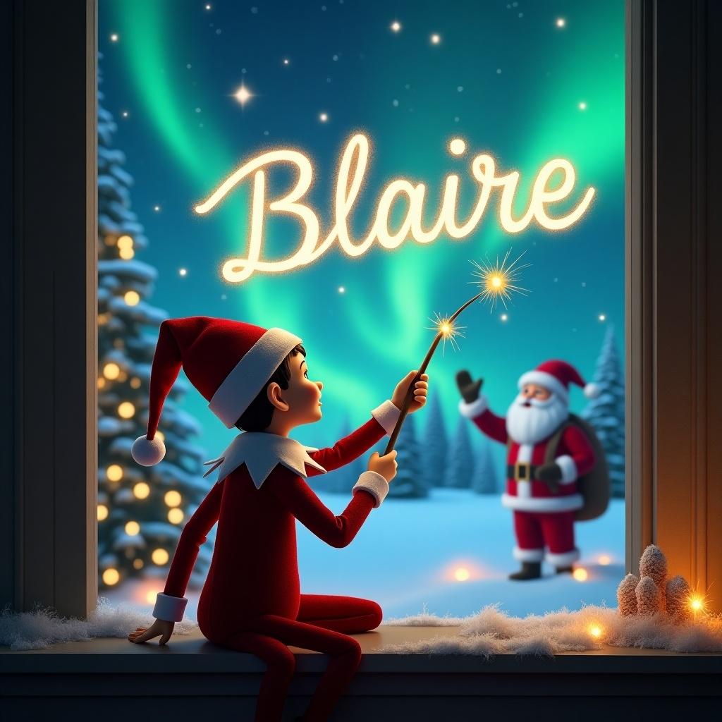 Elf on the Shelf character sitting with back to viewer. Faces magical sky while using a wand. Writes name 'Blaire' in glowing letters. Christmas-themed background features northern lights and Santa.