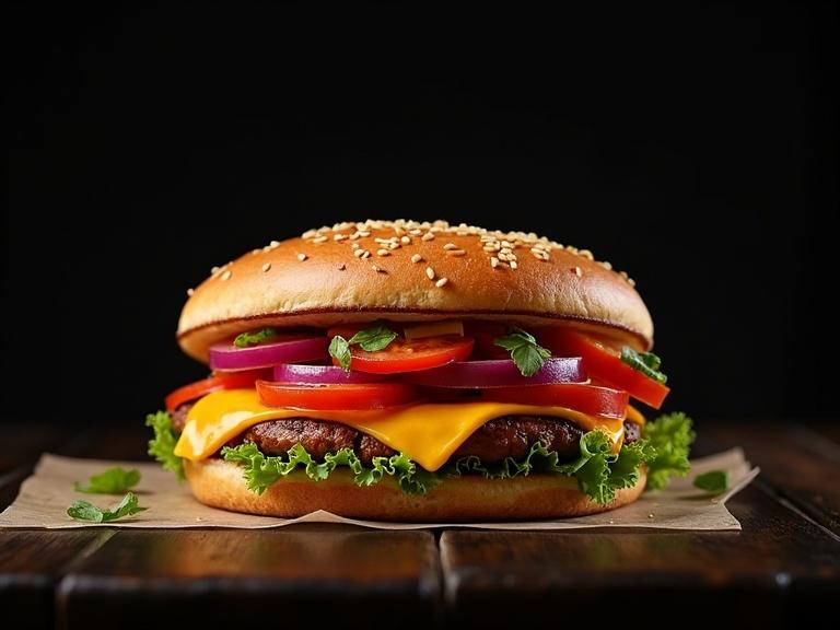 Close-up photo of a hamburger featuring vivid toppings on a black background.
