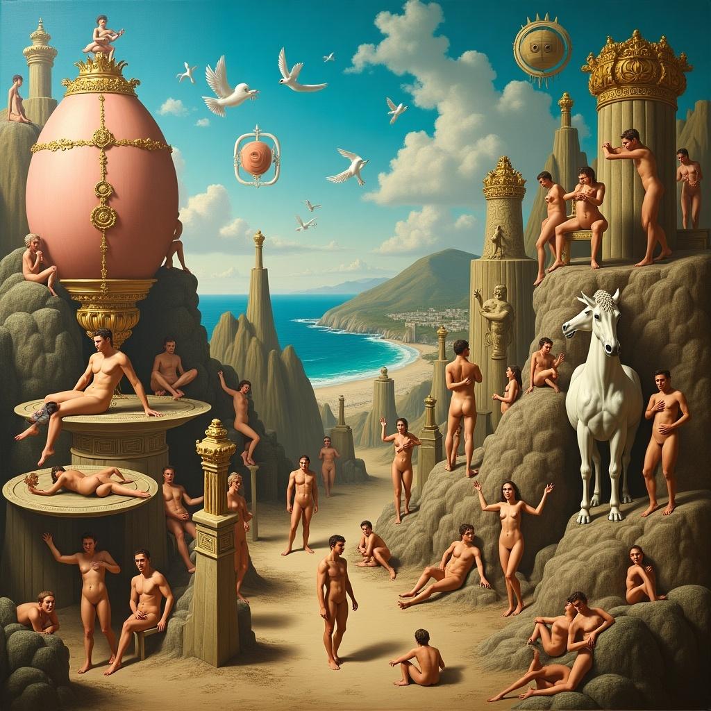 Surreal artwork with nude human figures in a coastal landscape. Include mythical creatures and surreal objects. Use dreamlike elements and vibrant colors with a sunny atmosphere.