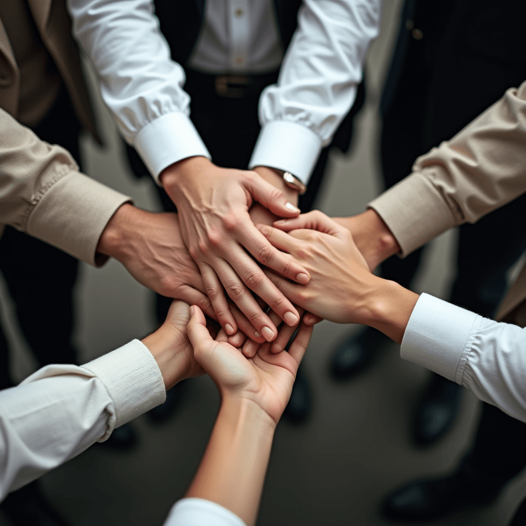 The image depicts a group of diverse hands placed one on top of another, symbolizing teamwork and unity. Each individual is wearing formal or business attire, suggesting a professional setting. The variety of hand positions and skin tones emphasizes collaboration and inclusivity. The angle of the shot is dynamic, focusing on the hands with a blurred background to draw attention to the gesture of solidarity.