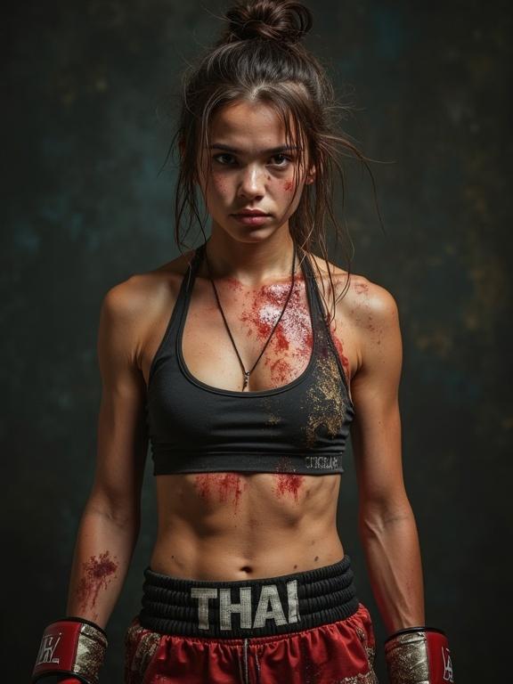 Female Thai boxer with strong abs. Visible blood and dirt on body. Hair is messy and untidy. Showing determination and strength.