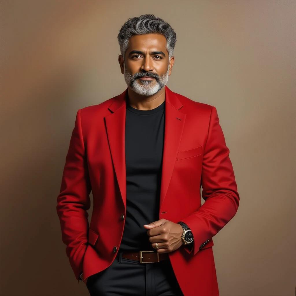 Captivating oil painting of an Indian man with dark skin, slightly overweight build, wearing a red blazer over a black t-shirt, standing confidently with hands clasped, short curly gray hair, full beard, serious expression, direct gaze, dark pants, minimal accessories, plain background, warm lighting, realistic details, cinematic composition.