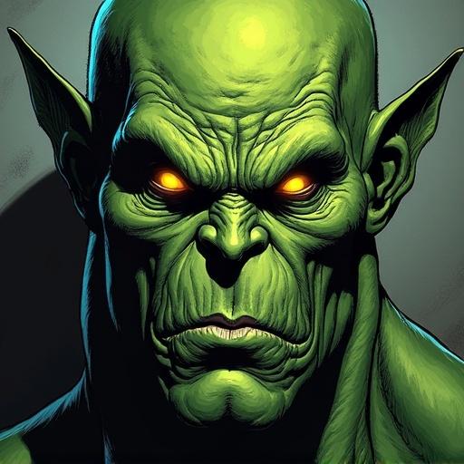 Ultra-detailed portrait of an orc with green skin and yellow eyes. The orc has sharp fangs and a serious expression. Smooth lines and soft lighting create an engaging comic book style.