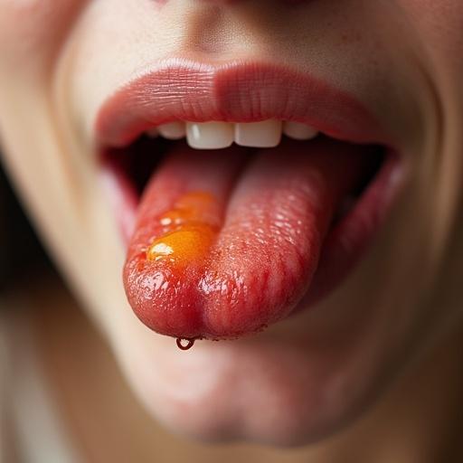 Close-up of a mouth with a tongue showing droplets of liquid. The focus is on tasting motion with vibrant colors visible.