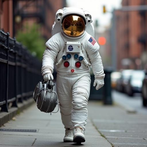 An astronaut in a full spacesuit with a reflective visor down walks on a sidewalk in Harlem. Long steps taken while holding a large boombox on the shoulder. Urban environment surrounds the astronaut.
