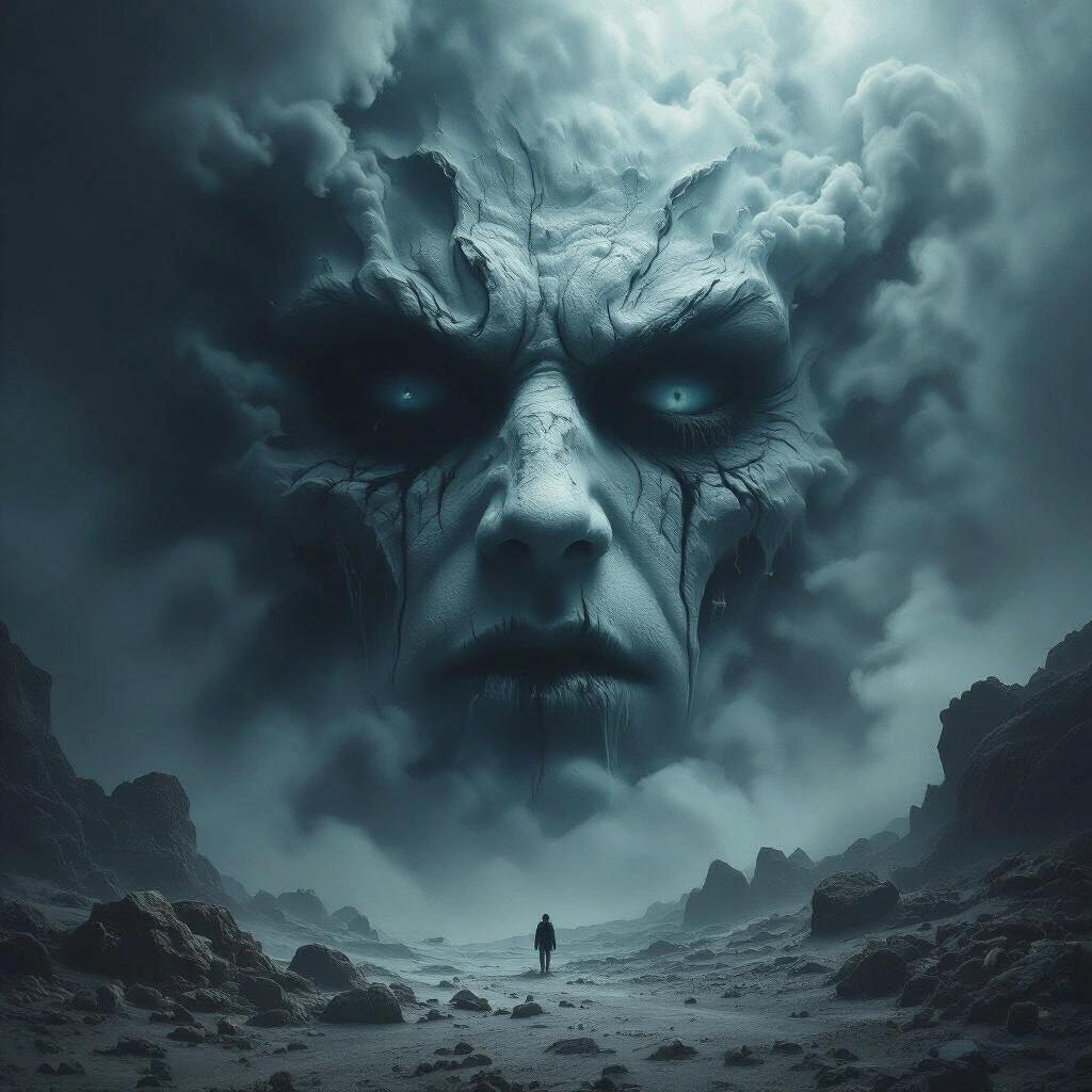 Surreal scene featuring a dark nebula with a scary face emerging from it. The face has an intense expression and is surrounded by swirling clouds.