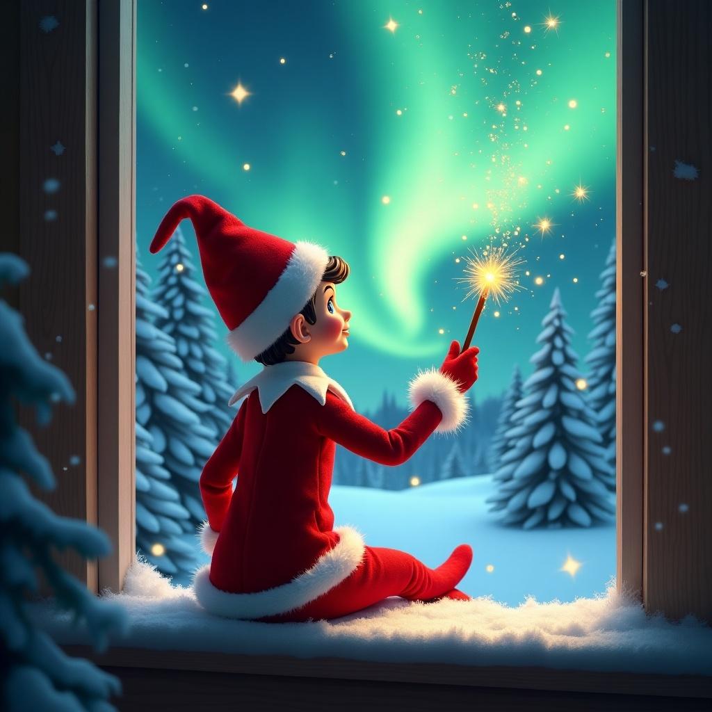 The image showcases an enchanting scene featuring an elf on the shelf, sitting on a snow-covered window ledge. The elf, dressed in vibrant red with white trim, faces away from the viewer, using a magical wand to create sparkling twinkles. Outside, a breathtaking display of northern lights illuminates the winter landscape, complete with snow-covered pine trees. In the snow below, the names 'Grace' and 'Presley' are written, adding a personal touch to the holiday feel. This heartwarming illustration embodies the spirit of Christmas and childhood magic.