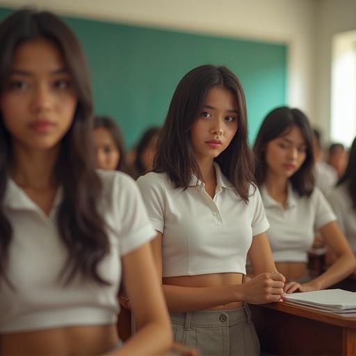 Realistic artwork depicting a classroom with many identical women wearing small cropped shirts and low-rise skirts that show midriff. Focus on soft bokeh effect in the background.