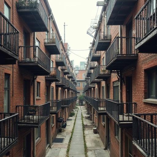 Image of historic walk-up apartments showcasing low-rise brick buildings. Scene depicts a narrow pathway flanked by balconies. Features include winding staircases and shared courtyards. Represents urban living environment in the past.