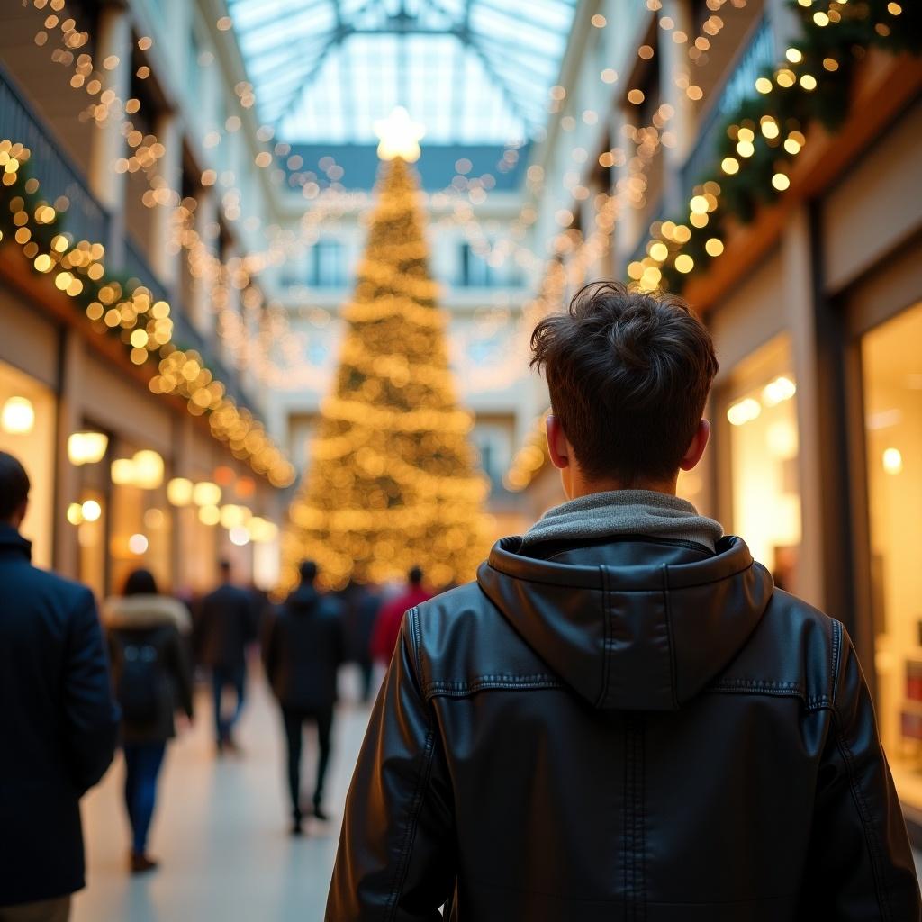 A bustling shopping mall decorated for Christmas. A tall man with short wavy hair walks towards an illuminated Christmas tree. The mall is lively with holiday shoppers and festive ornaments. Bright lights adorn the area creating a warm atmosphere.