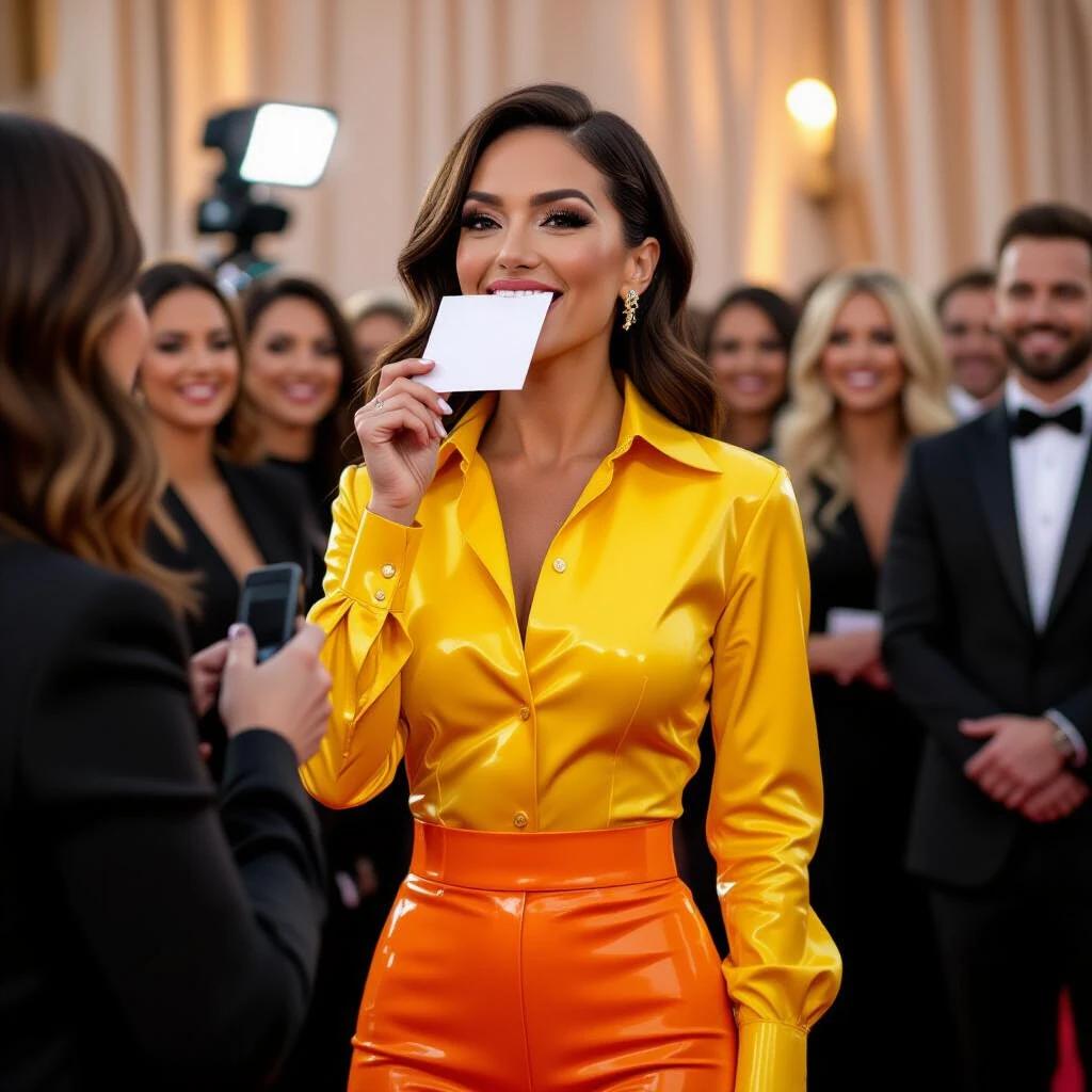 Woman in shiny yellow long-sleeved shirt and orange latex trousers on red carpet. Interviewing at Academy Awards. Eating paper playfully. Laughter from presenter and audience. Scene captures fashion and humor.