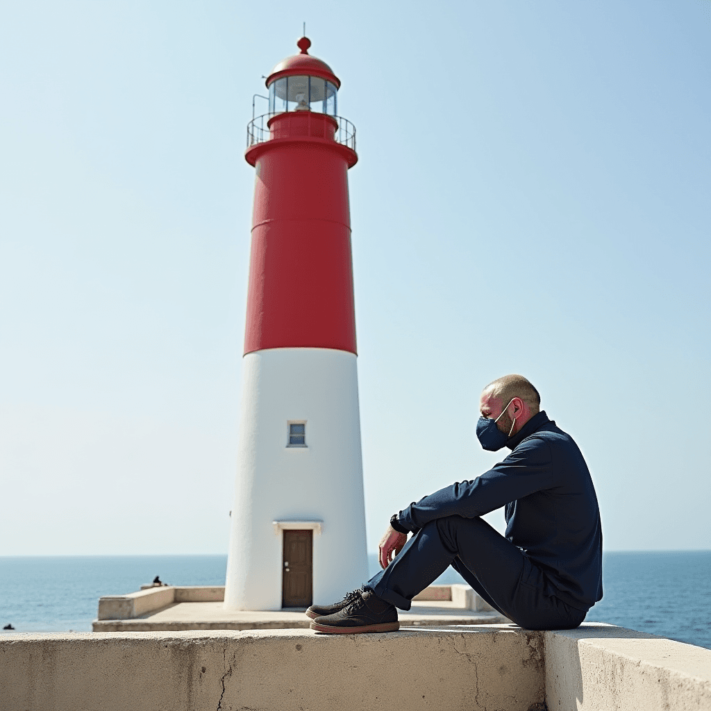 A man wearing a mask sits on a seawall next to a red and white lighthouse, gazing out over the ocean under a clear blue sky.