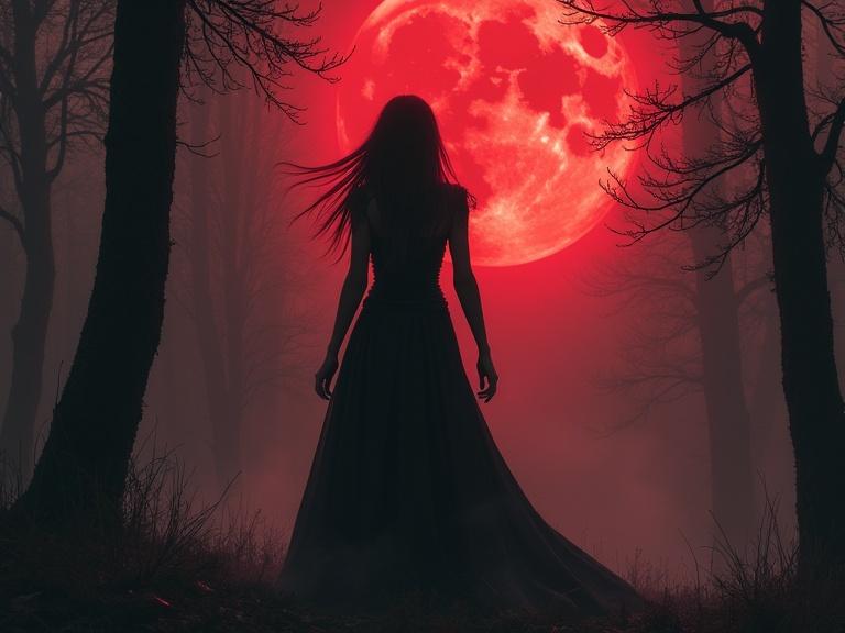 A powerful female figure stands in a misty forest under a blood-red moon. The scene captures gothic fantasy elements, with a mysterious atmosphere and dark tones.