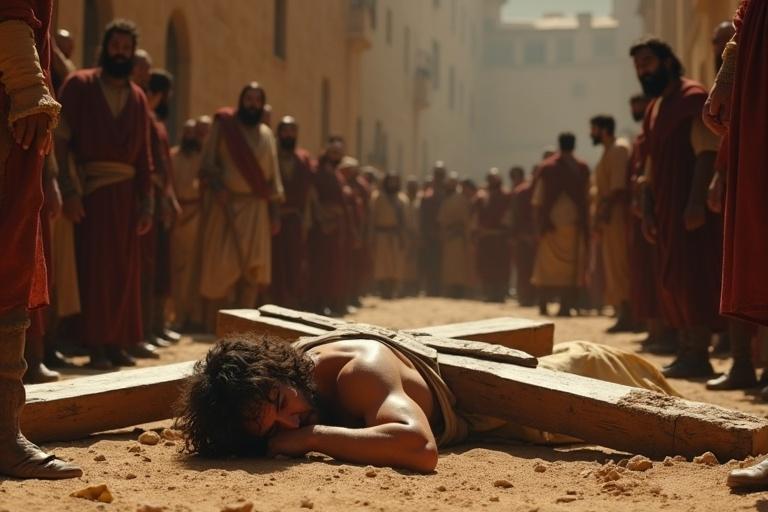 Jesus collapses under the weight of the wooden cross. His body shows clear signs of exhaustion. Roman guards surround him. The crowd watches in silence. Tension fills the air. Distant cries can be heard.