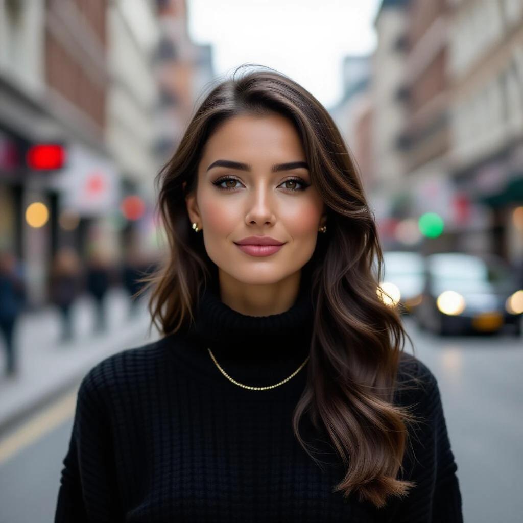 Urban street scene featuring a woman in a black knitted sweater and a delicate necklace. Soft lighting emphasizes her natural expression and confident gaze. Background includes blurred buildings and vehicles, creating a bustling city atmosphere.