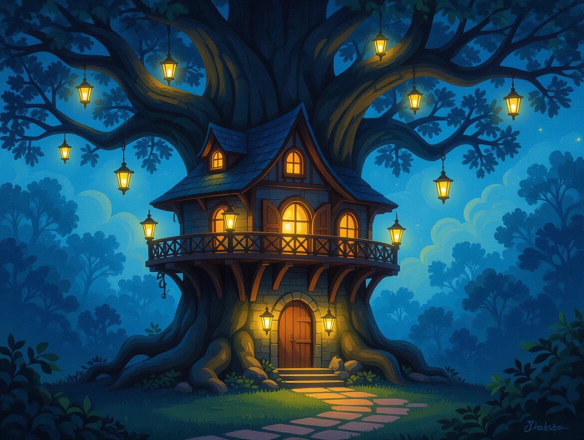 A beautiful magical tree house standing tall among ancient branches. The tree house has an inviting aura with warm glowing lanterns illuminating the windows and door. Surrounded by lush foliage, the bright lights contrast against the cool night sky creating a magical atmosphere. Thick brush strokes and bold colors are used throughout.