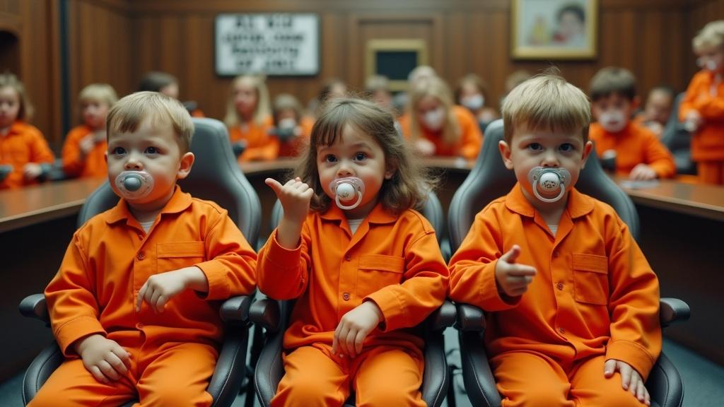 Detailed courtroom scene with children in orange jail jumpsuits. Children wear large pacifiers and sit in futuristic strollers. They gesture proudly towards their pacifiers. Mothers are seen locked in a cage. A sign states 'All kids belong in jail'. High detail, emphasizing contrasting emotions and uniqueness of scene.