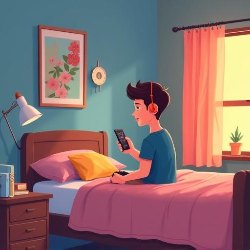 Cartoon style image depicting a student listening to music with earphones in a cozy bedroom