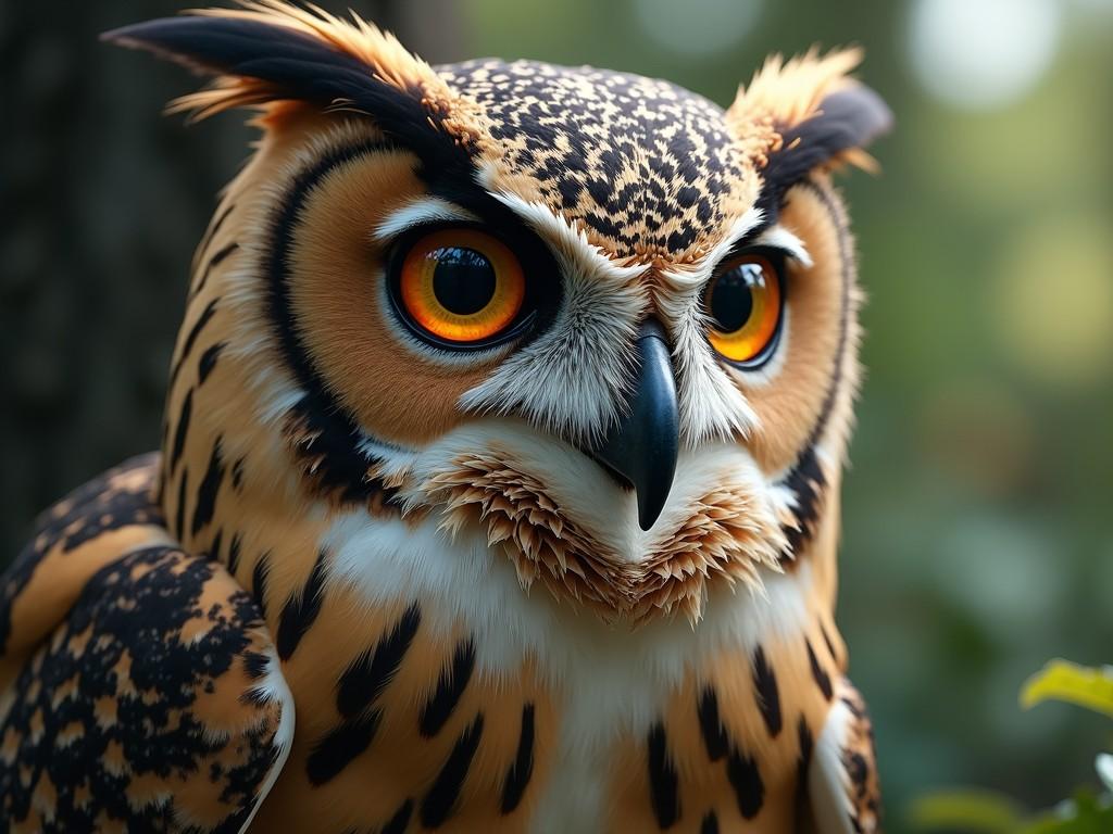 Close-up of an owl with vibrant orange eyes and detailed feathers, sitting in its natural forest habitat.