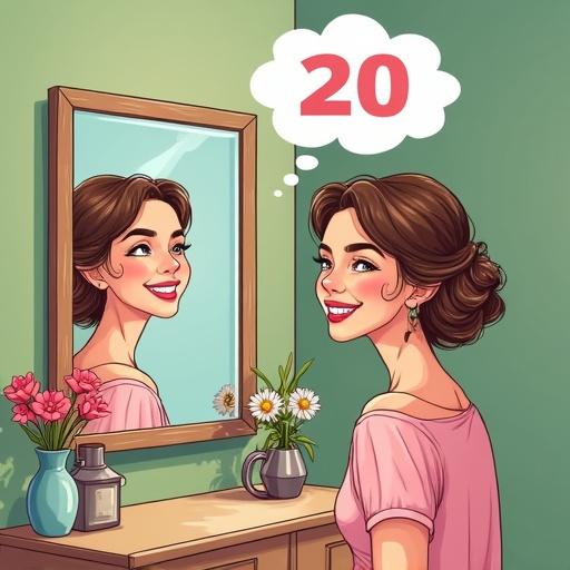 Generate comic-like clipart image of a 20-year-old European lady. She has a very cute face, looks lovely, is smiling wholeheartedly while looking into a square mirror in a dressing room. A thought bubble from her head shows the number 20, reflecting in the mirror. Light green, spring colors and flowers surround her to set a birthday theme. Ensure reality and reflection are identical in every detail. Title 'Fortyfied' should be visible in the picture.