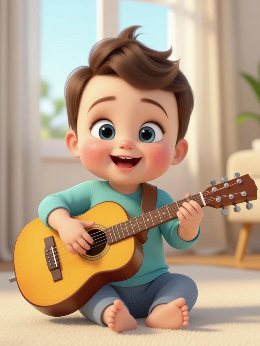 Animated 3D video featuring a happy baby sitting and playing an acoustic guitar. Baby has chubby cheeks and curly hair. Baby's hands move naturally on the guitar strings. Mouth movements sync with lyrics, showing realistic lip syncing. Baby expresses emotions with smiling eyes and laughter. Warm-lit child's room with wooden floor and soft bokeh background. Cinematic angles start medium and zoom for facial details.