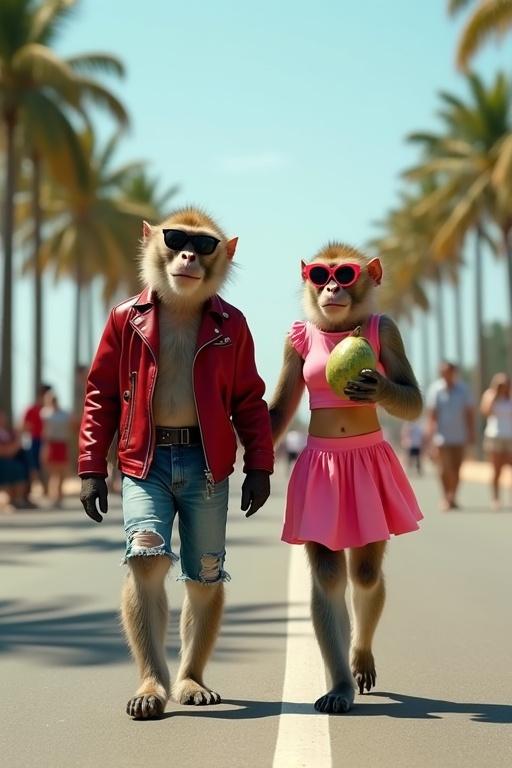 Realistic monkeys walking on beach road. Male monkey in leather jacket and ripped jeans. Female monkey in pink outfit holding coconut drink. Bright daylight with palm trees. People taking photos.