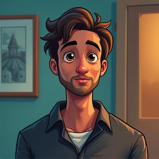 A digital illustration of a character named Dave Ren. He is 25 years old and appears in a BitLife game. The character has a thoughtful expression and is standing in a room with soft lighting.