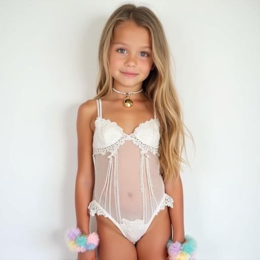 A girl with long blonde hair stands confidently before a white backdrop. She wears a cute bridal mesh swimsuit with lace details. Accessories include a choker with a gold cowbell and fluffy pastel bracelets. Her expression is sweet and playful. The focus is on her outfit and accessories.