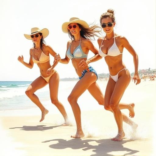 Full body view of three women in bikinis running on the beach. Bright sunlight creates a vibrant atmosphere. The scene captures action and energy with good detail and color. They express fun and joy while enjoying the beach.