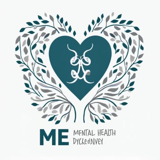 Design promotes mental health awareness. Features a heart shape surrounded by decorative leaves. The words 'ME' and 'Mental Health' prominently displayed.