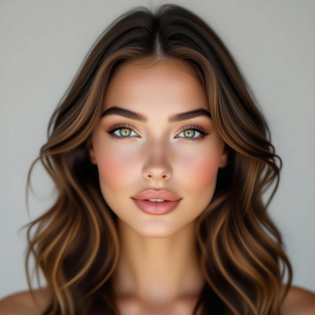 Portrait of a 22-year-old woman with stunning features. Woman has a smooth chin and soft jawline. Skin is luminous with visible pores and faint freckles. Eyes are almond-shaped and hazel. Lips are full and soft. Eyebrows are elegantly shaped. Hair is long, wavy, and chestnut in color. Image is well-lit in soft daylight. Shot with an 85mm lens in a shallow depth of field.