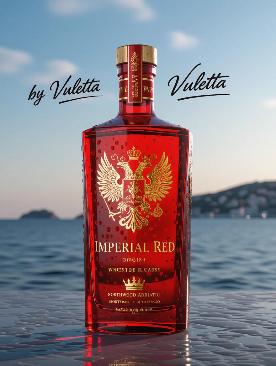 Hyper-realistic image of an ultra-premium vodka bottle named 'Imperial Red'. It is red with gold embossed details and a double-headed eagle. Includes a handwritten 'by Vuletta' signature. The bottle is tall with a semi-matte finish and condensation. It is placed in an urban setting against Adriatic sea colors. Studio lighting accentuates the gold details and clarity of the vodka.