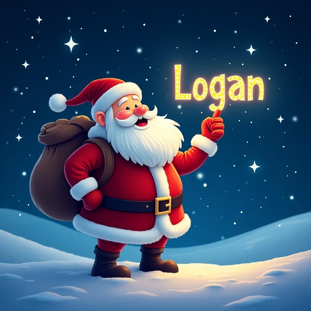 Christmas scene featuring Santa writing the name 'Logan' in glowing font in the night sky. Santa has a cheerful expression and is holding a sack on his back.