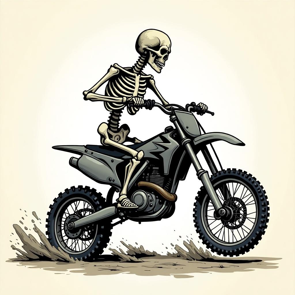 Vintage style skeleton driving motocross bike. Hand drawn doodle style illustration. Dynamic action pose