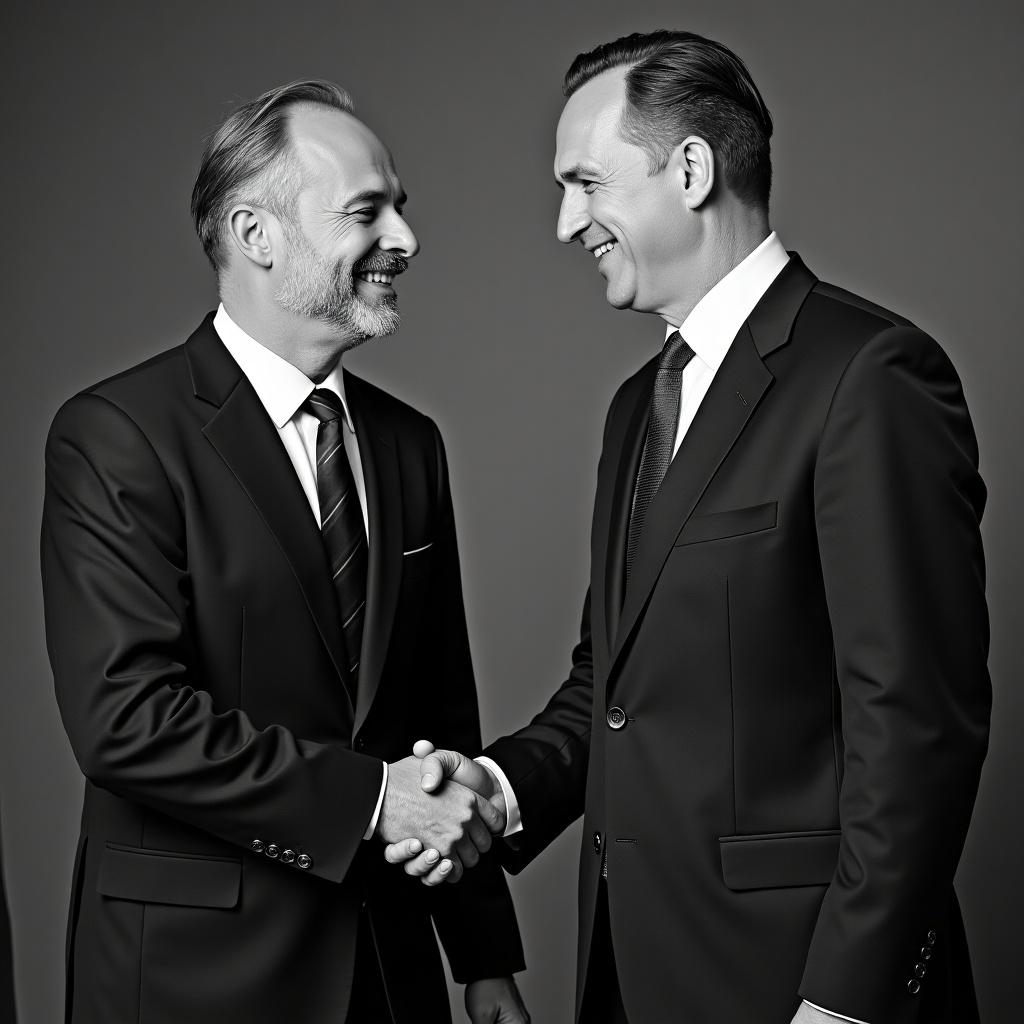 Two men in formal attire shake hands. Black-and-white photograph. Classic style.