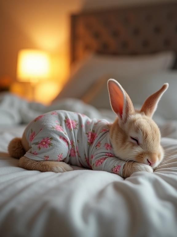 Cute baby rabbit sleeping peacefully on a cozy bed. Wearing floral pajamas. Lying on its side with closed eyes. Small pile of poop partially visible. Room has warm lighting with a lamp.