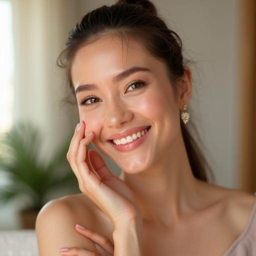 A hyper-realistic portrait of a woman in her late 20s or early 30s after a beauty treatment. She looks happy and relaxed. Her skin is fresh and luminous, hair soft. She smiles warmly while touching her cheek with one hand. Background is softly blurred with natural light.